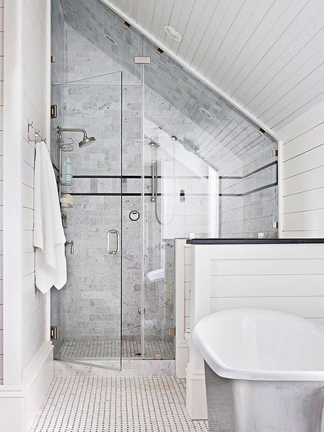 . Sloped Ceiling Bathroom, Attic Bathrooms, Attic Shower, Attic Bathroom Ideas, Small Attic Bathroom, Loft Bathroom, Small Attic, Bathroom Shower Design, Attic Bathroom