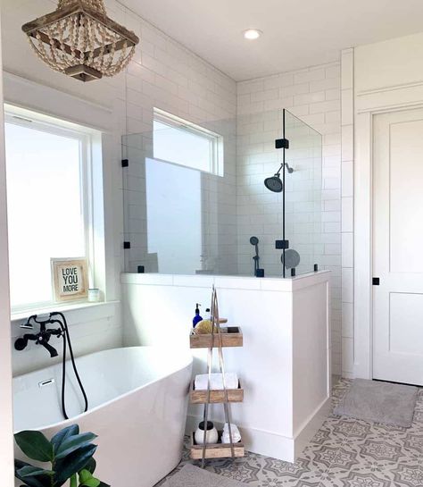 White Oval Tub Next to Walk-in Shower - Soul & Lane Tub Next To Shower Ideas, Master Bath Ideas, White Subway Tile Shower, Half Wall Shower, Tile Shower Niche, Oval Tub, White Tile Shower, Bathroom With Tub, White Tub