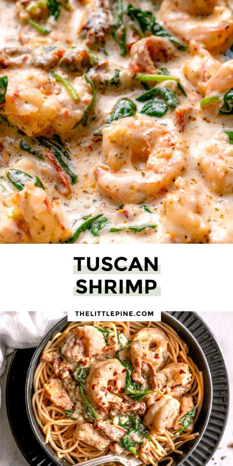 Tuscan Shrimp- PIN 1 Tuscany Shrimp Pasta, Creamy Tuscan Shrimp Orzo, Shrimp Tuscan Pasta, Shrimp And Tortellini Recipes, Shrimp Bowls Healthy, Shrimp And Veggies Recipes, Tuscan Shrimp And Spinach, Healthy Lobster Recipes, Tuscan Shrimp Pasta