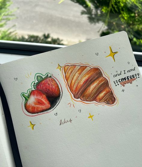 I love croissants <3🥐 • • #art #artist #artistsoninstagram #draw #drawing #drawings #aesthetic #aestheticart #artpost #sketch #sketchdaily #instagramart #coloredpencil #coloredpencils #cute #cutedrawing #like #feed #artfeed Mini Colored Pencil Drawings, Aesthetic Food Sketch, Croissant Drawing Simple, Artes Aesthetic, Food Drawing Sketches, Croissant Drawing, Hot Chocolate Drawing, Food Art Painting, Prismacolor Art