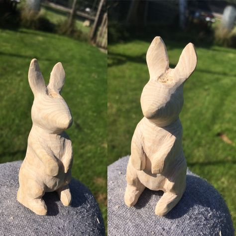 Hand carved wooden rabbit, made for my sister Wood Carved Rabbit, Rabbit Wood Carving, Rabbit Carving, Easter Wood Projects, Whittling Patterns, Wood Rabbit, Carved Wooden Animals, Animal Carving, Dremel Carving