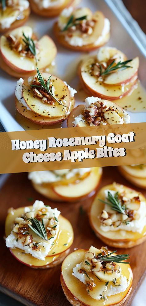 Indulge in the exquisite taste of Honey Rosemary Goat Cheese Apple Bites—a perfect fusion of creamy goat cheese, crisp Honeycrisp apples, and fragrant rosemary. An ideal choice for any gathering or a cozy night in, these bites are quick to prepare yet offer a gourmet experience. Top each cracker or bread slice with rosemary-infused goat cheese, a slice of apple, and a dribble of honey for a stunning, flavorful treat. Perfect for food lovers seeking a delightful and easy-to-make appetizer. #foodie #appetizer #easyrecipes #gourmetsnack #flavorful Goat Cheese Flavors, Goat Cheese Board, Finger Food Menu, Goat Cheese Bites, Apple Bites, Christmas Finger Foods, Goat Milk Recipes, Goat Cheese Appetizer, Creamy Goat Cheese