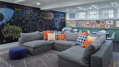 Hangout Room Ideas, Finished Basement Designs, Hangout Room, Basement Playroom, Modern Basement, Basement Inspiration, Finished Basement Ideas, Game Room Basement, Basement Living Rooms