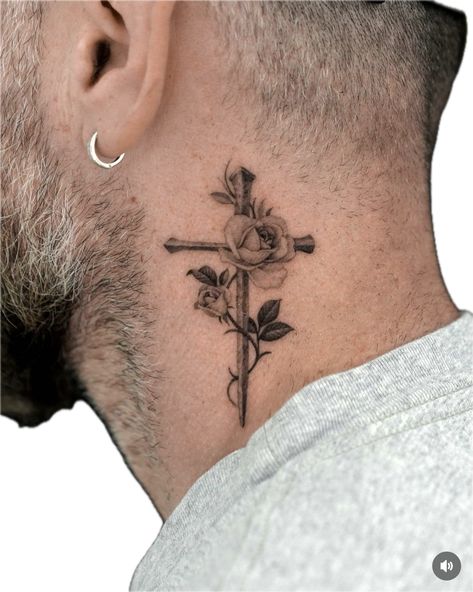 Nice Neck Tattoos For Men, Men’s Tattoos Side Of Neck, Big Neck Tattoo Men, Neck Side Tattoo Men, Christian Neck Tattoos For Men, Men S Neck Tattoo, Gf Name Tattoo Ideas For Men, Cross Tattoos For Men Neck, Cross Tattoos For Men On Chest