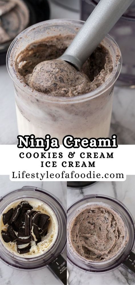 This Ninja Creami Cookies and Cream recipe is a great way to enjoy freshly made ice cream in the comfort of your own home. Made with just a handful of wholesome ingredients, and the fun Ninja Creami machine, this delightful treat is sure to satisfy your sweet cravings. Cookies And Cream Ninja Creami Recipe, Ninja Creami Moosetracks, Deluxe Ninja Creami Recipes, Deluxe Creami Recipes, Froyo Recipe Ninja Creami, Ninja Creami Ice Cream Recipes Cookies And Cream, S’mores Ice Cream Ninja Creami, Ninja Creamini Recipes, Ninja Ice Cream Recipes Dairy Free