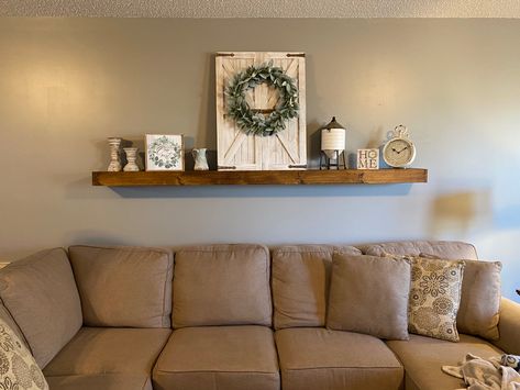 Living Room Shelf With Mirror, Mantle Behind Couch, Mantle Over Couch, Living Room Behind Couch Wall Decor, Long Shelf Above Couch, Shelf Over Couch, Wall Behind Couch Decor, Shelf Above Couch, Behind Couch Decor