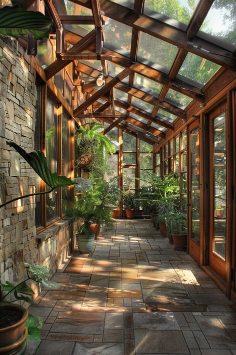 Sunroom Into Greenhouse, Green And Green Architecture, Greenhouse Ideas Interior, Greenhouse Ideas Interior Design, Backyard Sunroom, Solarium Room, Backyard Deck Ideas, Greenhouse Kitchen, Window Seat Ideas