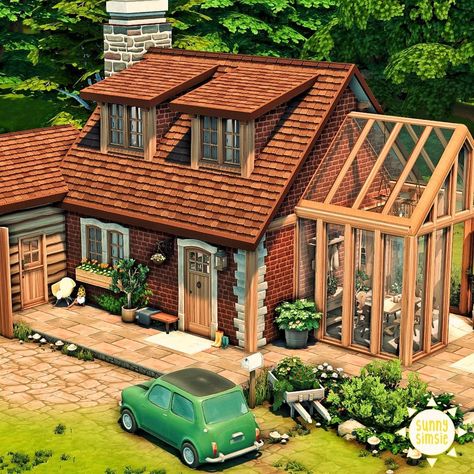 Sims 4 Tiny House Ideas Layout, Sims House With Greenhouse, Sims Garden House, Small Sims Cottage, Sims Porch Ideas, Sims 4 Cottage Living Tiny House, Cottage Houses Sims 4, Cottage Homes Sims 4, Sims 4 Modern Cottage House