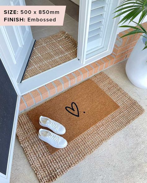 Our Just Love Doormat is a beautiful and unique way to welcome friends and family to your home. They also make a great housewarming, wedding or anniversary gift. Choose Your Size: 500 x 850mm – Perfect for single door entrances 650 x 1200mm – Perfect for large or double doors Materials: Surface: Coir Stay-In-Place Backing: Natural Latex & Jute Thickness: 17mm Standard Delivery Time: 3 - 4 weeks. What makes our doormats so unique? Here’s some of our standout qualities: We’re made of the good stuff - Ethically sourced and made from sustainable natural coconut fibres (Coir). Stop dirt at your front door - Our durable doormats are amazing at removing dirt, mud and moisture from footwear. And will help to keep your entrance clean and protect your floors. Easy to keep clean - Simply give your do Apartment Front Door Decor, Fromt Doors, Apartment Door Decor, Apartment Front Doors, Front Porch Mat, House Dr, Custom Door Mat, Unique Front Doors, Porch Mat