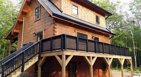 Exterior Finishes: Porch, Deck and Foundation Wall Log Home Exterior Colors, Exterior Concrete Paint, Cabin Exterior Colors, Rustic Deck, Log Homes Exterior, Log Cabin Exterior, Log Home Builders, Cabin Deck, Exterior Door Colors