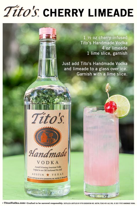 Tito's Cherry Limeade cocktail and a Tito's Vodka bottle Mixed Drinks Alcohol, Cherry Limeade, Boozy Drinks, Mixed Drinks Recipes, Vodka Drinks, Alcohol Drink Recipes, Fruit Drinks, Drinks Alcohol Recipes, Alcohol Recipes