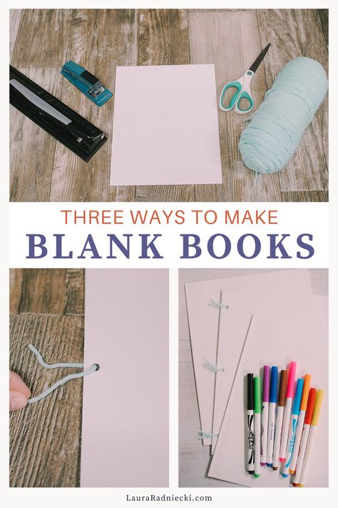 Learn three ways to make blank books with printer paper for kids to write in, draw in, or make books as they explore their imagination! Diy Coloring Book Binding, How To Make A Book Cover Out Of Paper, Book Making For Kids, How To Make A Book Out Of Paper, Make Your Own Book, Book Page Garland, Book Page Flowers, Blank Books, Homemade Books