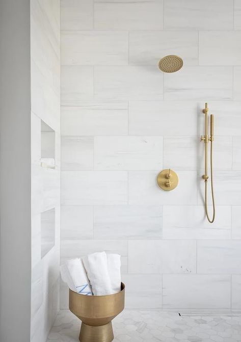 Large Scale Shower Wall Tile, Stacked Large Tile Shower Wall, Big Tiles In Bathroom, All Marble Bathroom Ideas, Hexagonal Marble Tiles Bathroom, Chevron Marble Tile Bathroom, Cute Bathroom Tile Floors, Stacked Shower Tile Ideas, Large White Tile Shower Ideas Wall