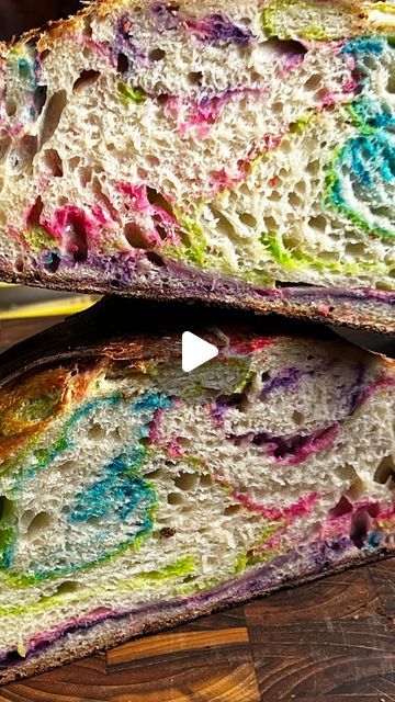 Biz Velatini - Chicago Blogger on Instagram: "This colorful bread reminds me of the rainbow bread I made Hannah when she was little. @hannahfindinghealth - do you remember that?  My sourdough bread recipe I use is from @sourdough_enzo - just google sourdough enzo sourdough bread and you’ll find it.  Each recipe makes 2 loaves of bread, this is what I did with half of that batch.  2 teaspoons each of colored food dye - I did violet, blue, green and pink - each color gets added to 1/4 of the dough with two teaspoons of the food die, then rolled to cover the dough.  Lay each color on top of each other, roll each long side into the middle, then roll up from the bottom.  I cook my bread in a 500 degree oven in a dutch oven that’s been preheated for 45 minutes.  Lay the dough on parchment paper Colored Sourdough Bread, Rainbow Sourdough Bread, Sourdough Enzo, Colorful Bread, Rainbow Bread, Sourdough Rolls, Loaves Of Bread, Dutch Oven Bread, Sourdough Bread Recipe