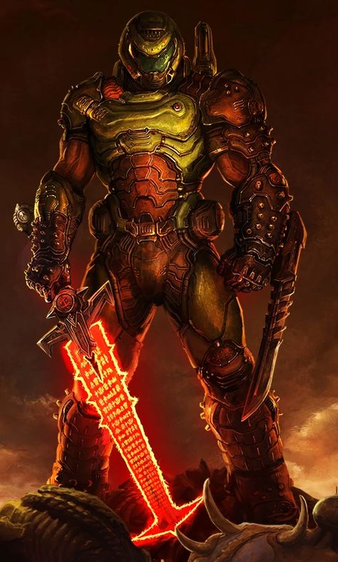 The Doom Slayer, also known as Space Marine, Doom Marine, or Doomguy, is a legendary demon slayer and a former a member of the United States Space Marine Corps famous for saving Earth and from demonic forces. As a soldier, the Doomguy refused to open fire on innocent civilians and eventually came to blows with his superior officer over the command. This act of insubordination lead to his reassignment to serving on a base on Mars, in what was believed to be a punishingly boring and secluded post. Sif Dark Souls, Doom Videogame, Doom Slayer, Doom Game, Trending Pins, Space Marine, 그림 그리기, Game Character, Game Art