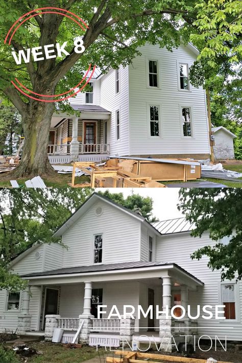 Farmhouse Renovation Week 8: Siding, Porch Foundation, Patio Old House Before And After, Old Farmhouse Renovation, Old Farmhouse Remodel, Old Houses Renovation, New Front Door, Porch Remodel, Dream Farmhouse, Farmhouse Renovation, Outdoor Buildings