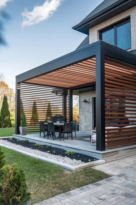 Modern Deck With Pergola, Black Patio Cover, Privacy Landscaping Backyard, Black Pergola, Garden Sitting Areas, Cozy Sitting Area, Small Garden Landscape, Rooftop Terrace Design, Black Patio