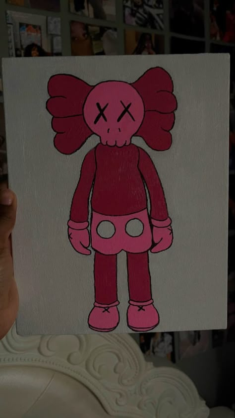 Pink Kaws Canvas Painting, Blue Kaws Painting, Kaw Paintings On Canvas, Canvas Painting Ideas Kaws, Kaws Bear Painting, Kaws Outline Drawing, Drawing Ideas Kaws, Pink Kaws Painting, Vday Paintings