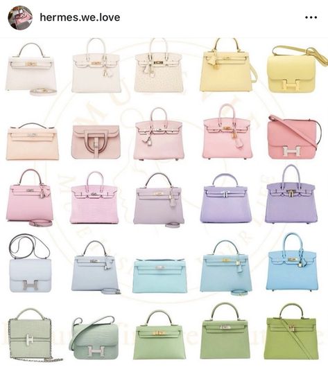 Hermes Pastel Bag Color Chart 2024 — Collecting Luxury Mini Hermes Bag, Hermes Colours, Hermes Kelly Pochette, Rainbow Collage, Pastel Bags, Hermes Constance Bag, Kelly Pochette, Mini Kelly, Stylish School Bags