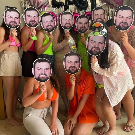 The groom will get a good laugh out of these groom face photo props in all your bachelorette party photos. 18 inch cut out face with stick. Printed on laminated glossy cardstock. Fiance Face Bachelorette, Bachelorette Groom Face On Stick, Bachelorette Grooms Face, Bachelorette Face On Stick, Funny Hen Do Ideas, Bachelorette Husband Face, Bachelorette Fiance Face, Dress Like The Groom Bachelorette, Bachelorette Party Grooms Face