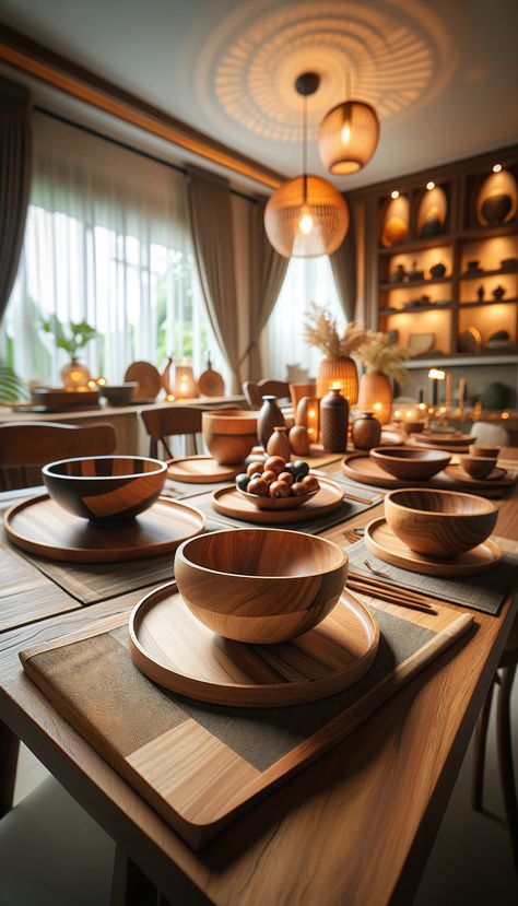 Get ready to elevate your home decor with the timeless beauty and sophistication of handcrafted wooden bowls. From sleek and modern designs to rustic and natural finishes, these stunning creations are sure to add a touch of elegance to any room. Imagine the warm, inviting glow of richly finished wood, the intricate details of expert craftsmanship, and the unique, one-of-a-kind charm that each piece brings. Whether displayed on a shelf, used as a centerpiece, or simply admired for their beau... Dinnerware Sets Unique Wood, Modern Plates Set Dinnerware Wood, Wooden Dishes Design, Wooden Bowl And Plate Set, Wooden Dinnerware, Wooden Plates And Bowls, Kitchenware Ideas, Wooden Bowl And Spoon, Wooden Kitchenware