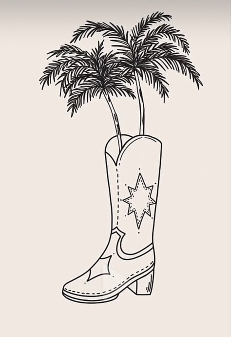 Beach Cowgirl Tattoo, Dainty Cowgirl Boot Tattoo, Minimalist Cowboy Boot Tattoo, Coastal Cowgirl Tattoo Ideas, Cute Cowboy Boot Tattoo, Costal Cowgirl Tattoo, Cow Boy Boot Tattoos Simple, Coastal Cowgirl Tattoo, Cowgirl Boots Tattoo