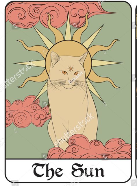 Dog Tarot Card Tattoo, Cat And Sun Tattoo, Sun Cat Tattoo, Cat Sun Tattoo, Duke Tattoo, Witchy Cat Tattoo, Helios Tattoo, Art Nouveau Cat, Tattoo Gato