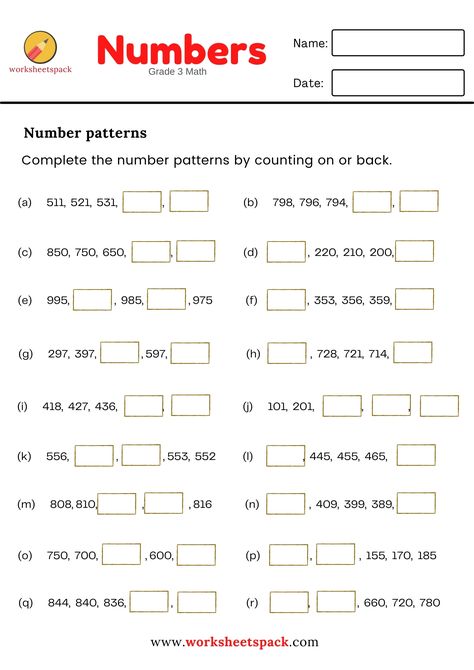 Free printable grade 3 math worksheet. Complete the number patterns by counting on or back. Math Patterns Activities, Number Patterns Worksheets, Math Paper, Patterns Worksheet, Grade 5 Math Worksheets, Mental Maths Worksheets, Maths Paper, Worksheets For Grade 3, Math Pages