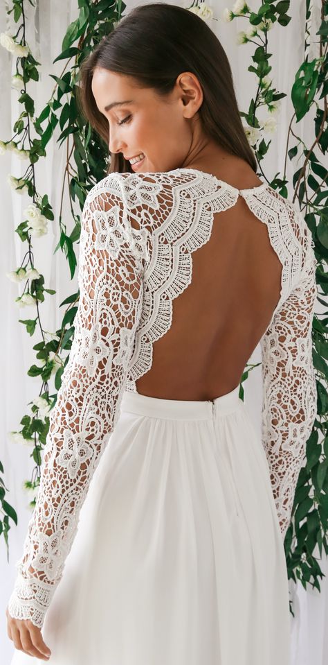 Walk down the aisle in a long sleeve lace maxi dress. Create an unforgettable bridal moment with the open-back and flowy floor length skirt. Finding the perfect wedding dress outfit has never been easier. Brides, this one is a keeper! It's perfect for both casual and formal weddings. #lovelulus Simple Dresses Casual, Afterparty Dress, Long Sleeve Lace Maxi Dress, Floor Length Wedding Dress, Wedding Dress Outfit, Cute Wedding Dress, Photo Backdrops, Bridesmaid Outfit, Perfect Wedding Dress