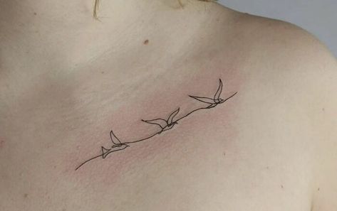 Single Line Birds Tattoo Tattoos In Threes, Sibling Bird Tattoos, Three Sibling Tattoos Simple, Three Birds Tattoo Simple, Three Birds On A Branch Tattoo, Fine Line Hawk Tattoo, Single Line Bird Tattoo, Three Little Birds Tattoo Bob Marley, Small Birds Flying Tattoo