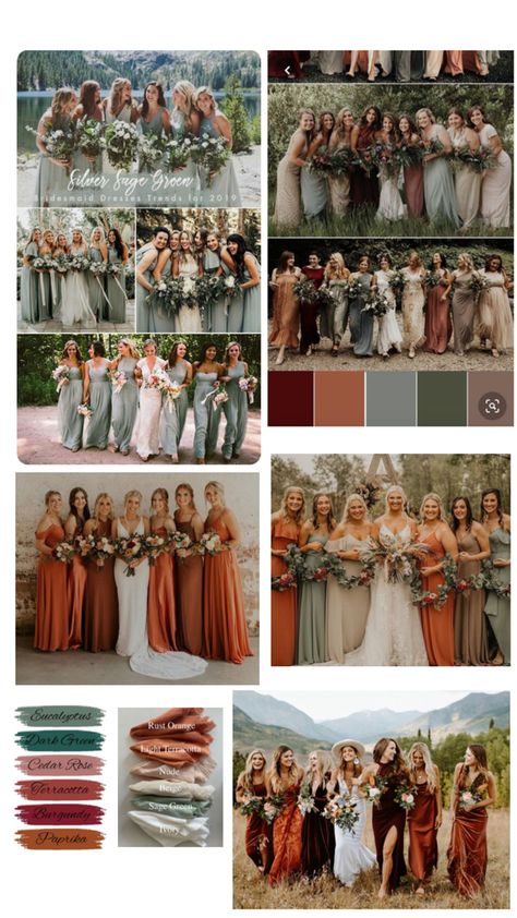 Earthy Tone Wedding Bridesmaid Dress, Earth Toned Bridal Party, Earth Tone Bridesmaid Dresses Spring, Spring Vs Fall Wedding, Sage Green And Terracotta Wedding Bridesmaids, Sage And Terracotta Bridesmaid Dresses, Earth Tone Wedding Dress, Wedding Dress Fall October, Mixed Bridesmaid Dresses Fall Wedding Color Palettes