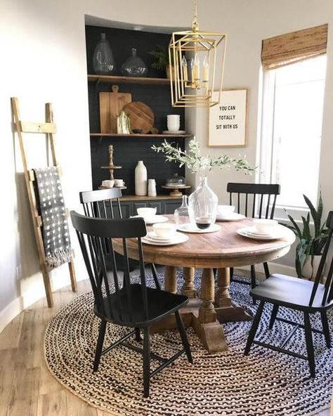 Interior Decorating Ideas and Good Feng Shui in The Metal Rat Year 2020 Rustic Farmhouse Dining Room, Black Chairs, Decor Steals, Dining Room Small, A Rug, Farmhouse Dining Room, Farmhouse Dining, Breakfast Nook, Dining Room Design