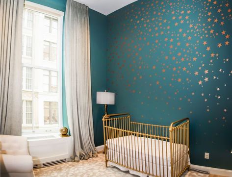 nyc nursery teal gold stars Baby Teepee, Celestial Nursery, Nursery Paint, Night Nursery, Teal Nursery, Stars Nursery, Baby Nursery Inspiration, Gold Nursery, Nursery Room Design