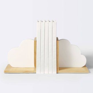 Star And Moon Nursery, Cloud Nursery Theme, Cloud Room, Sky Nursery, Cloud Nursery, Cloud Theme, Clouds Nursery, Wooden Bookends, Moon Nursery