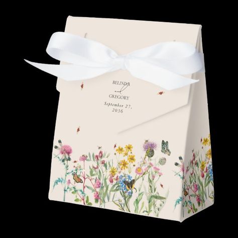 Watercolor Wildflower Garden & Insects Wedding Favor Boxes Garden Theme Bridesmaid Proposal, Insects Watercolor, Flower Garden Illustration, Butterfly Packaging, Blossom Logo, Colorful Insects, Floral Packaging, Wedding Graphic Design, Floral Graphic Design