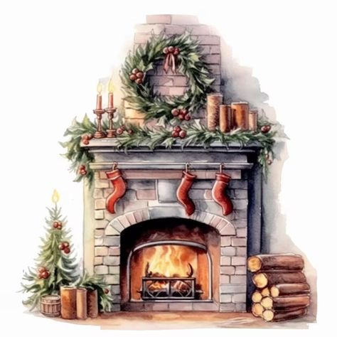 Fireplace Drawing, Christmas Trivia, Christmas Mantel, Christmas Fireplace, Watercolor Images, Candle Labels, Christmas Mantels, Watercolor Christmas, Christmas Drawing