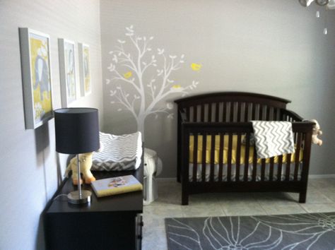 Our Baby's Nursery :)                                                                                                                                                                                 More Dark Wood Nursery, Nursery Dark Furniture, Room Ideas Dark, Bedroom Upgrades, Dark Brown Furniture, Baby Nursery Ideas, Grey Baby Nursery, Wood Nursery, Yellow Nursery