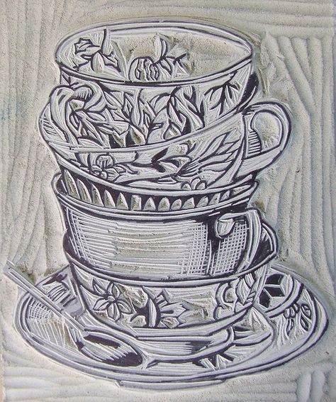 Linocut to print on a tea towel for a gift Anthro Aesthetic, Teacup Stack, Carving Stamps, Eraser Carving, Linoleum Printmaking, Relief Printmaking, Linoleum Print, Linoleum Block Printing, Linocut Printmaking