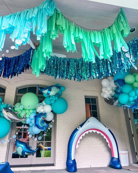 HOUSTON BALLOONS & BACKDROPS | Diving into summer 🦈🌊 Nothing like a shark party to kickoff a JAW-some summer break! ☀️ • #Houstonballoons #houstonballoondecor… | Instagram Backyard Halloween Party, Shark Baby Shower, Shark Week Party, Godzilla Birthday, Shark Party Decorations, Shark Themed Party, Ocean Birthday Party, Shark Themed Birthday Party, Mermaid Birthday Party Decorations