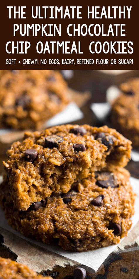 High Fibre Cookies, Nut Desserts, Easy Pumpkin Oatmeal, Pumpkin Oatmeal Chocolate Chip Cookies, Healthier Cookies, Low Calorie Pumpkin, Pumpkin Cookies Healthy, Vegan Pumpkin Cookies, Oatmeal Chocolate Chip Cookie Recipe