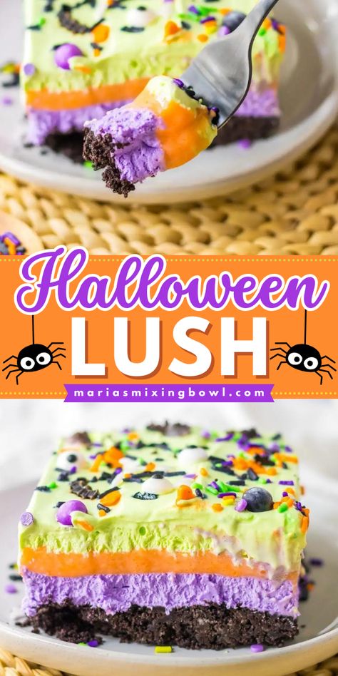 Looking for Halloween treats to make? This easy lush recipe is a perfect Halloween party idea! You can't go wrong with this simple Halloween dessert. With an Oreo cookie crust and colorful pudding layers, this no-bake Halloween lush is fun and festive! No Bake Halloween Lush, East Halloween Desserts, Halloween Desserts For Contest, Halloween Lush Dessert, Dessert Lush Recipes, Easy Halloween Baked Treats, Oreo Dessert Halloween, Halloween Pies Desserts, Super Easy Halloween Desserts