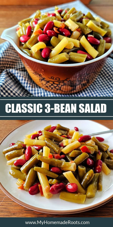 This Classic Three Bean Salad is a delicious salad perfect for parties and picnics, and features a combination of kidney beans, green beans, and wax beans, in a tangy dressing. And it's made with mostly pantry ingredients, so you can whip up this salad whenever you need a quick and easy side dish. Green Bean Salad Recipes Cold, Three Beans Salad Recipes, Three Bean Salad Canning Recipe, Healthy 3 Bean Salad, Marinated Green Bean Salad, Three Bean Salad Recipe Simple, Green Bean Salad, Easy Three Bean Salad, Bean Salad Dressing