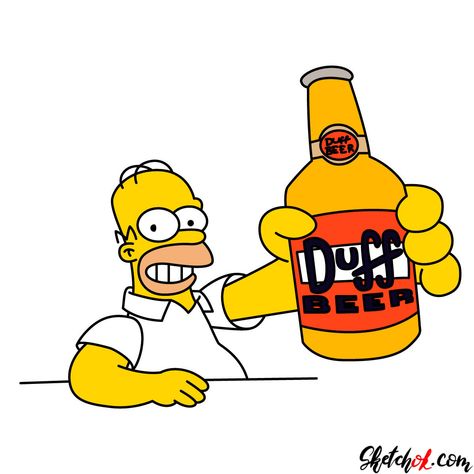 How to draw Homer with a Duff beer bottle - Step by step drawing tutorials Beer Bottle Drawing, Homer Simpson Beer, Beer Drawing, Beer Cartoon, Beer Wallpaper, Beer Painting, Duff Beer, Bottle Drawing, Cartoon Sketches