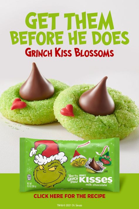 Fun Kids Christmas Cookies, Natal, Best Grinch Cookies, Christmas Baking Grinch, Green Grinch Cookies, Grinch Christmas Cookies Recipes, Grinch Peanut Butter Blossoms, Grinch Christmas Baking Ideas, Easy Grinch Cookies Recipe