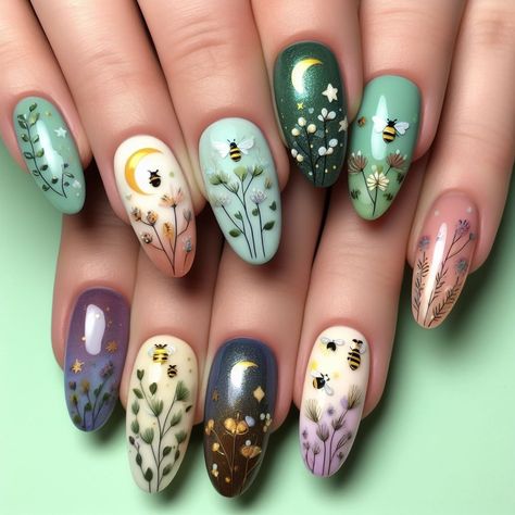 Ostara Nail Designs, Librarian Nails, Cottagecore Nail Designs, Mother Nature Nails, Witchy Spring Nails, Lunar Moth Nails, Beltane Nails, Spring Witch Nails, Earthy Nails Designs Almond