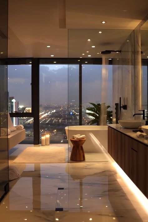 Bathroom With View Window, Bathtub By The Window, Bathroom City View, City Apartment Bathroom, Luxury Apartment Bathroom, Luxury City Apartment, Nyc Bathroom, Elegant Bathtub, City Bathrooms