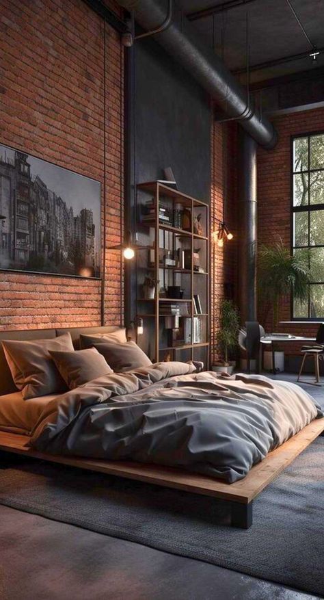 Industrial Bedroom Design, Industrial Style Bedroom, Industrial Bedroom, Loft Interiors, Industrial Interior Design, Brick Walls, Home Decor Living Room, Loft Design, Painting Poster