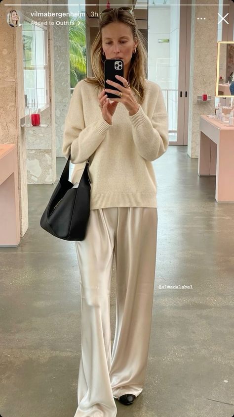 Satin Flats Outfit, Champagne Satin Pants Outfit, Chic Lazy Day Outfits, Ysl Casual Outfit, Classy Lazy Outfits, Elegant Lazy Outfit, Wide Satin Pants Outfit, Silk Black Pants Outfit, White Silk Pants Outfit