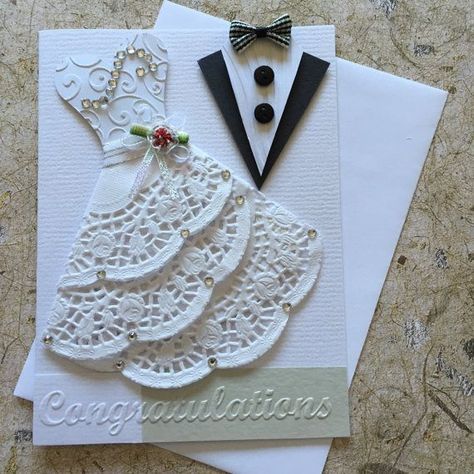 Homemade Wedding Cards, Doily Wedding, Homemade Wedding, Dress Card, Wedding Cards Handmade, Wedding Anniversary Cards, Wedding Card Design, Creative Cards, Handmade Wedding