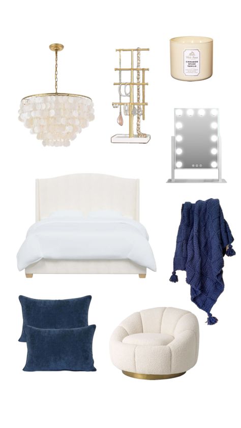 White Bedroom With Navy Accents, Navy Blue Wardrobe Bedroom, Blue And Gold Room Ideas, Navy White And Gold Bedroom, Stockholm Room Inspo Bedroom, Teen Girl Bedroom Ideas Aesthetic, Room Shuffles, Navy And White Bedroom, Navy Room Decor